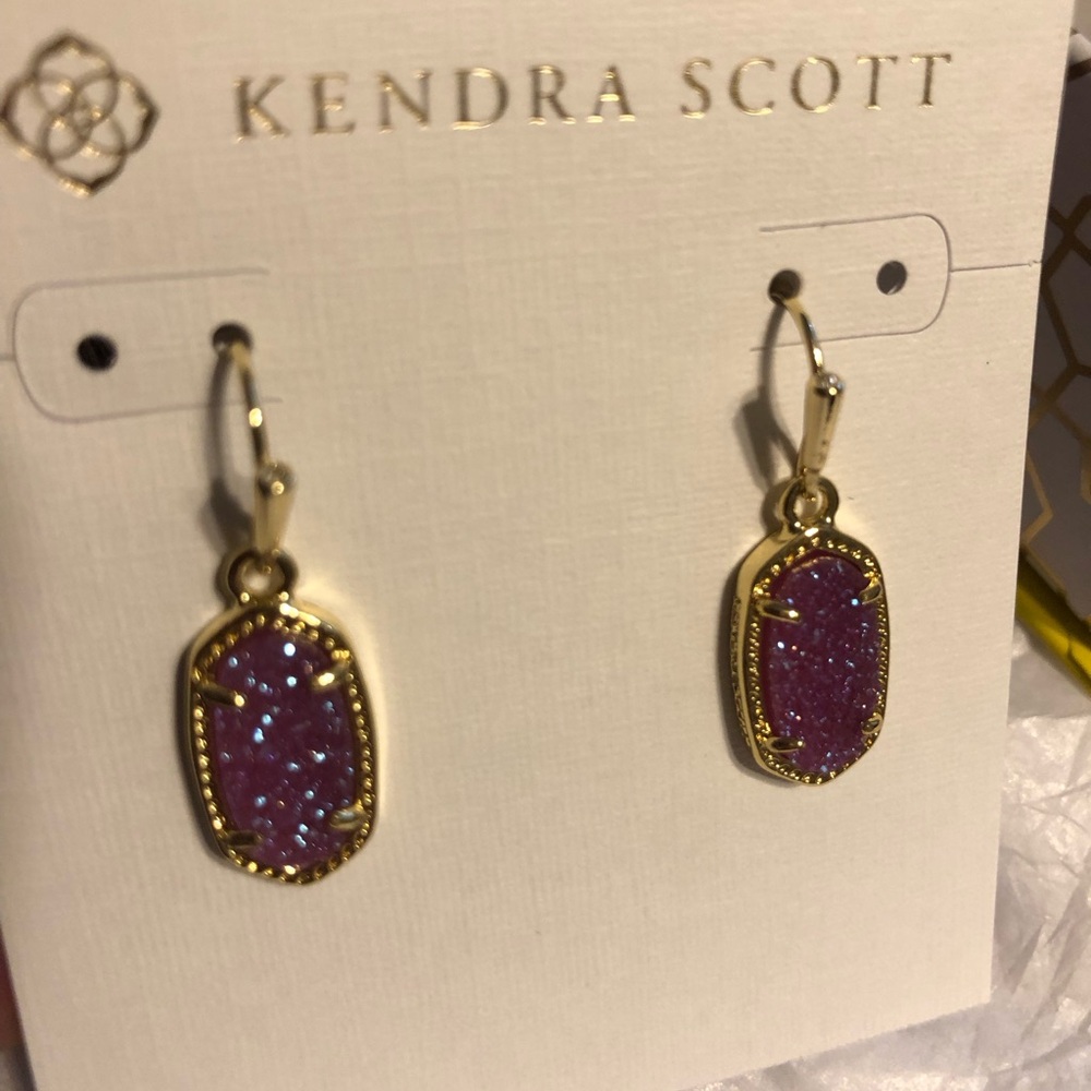 Kendra Scott Gold Dangle Earrings with Purple Iridescent Druzy Stones